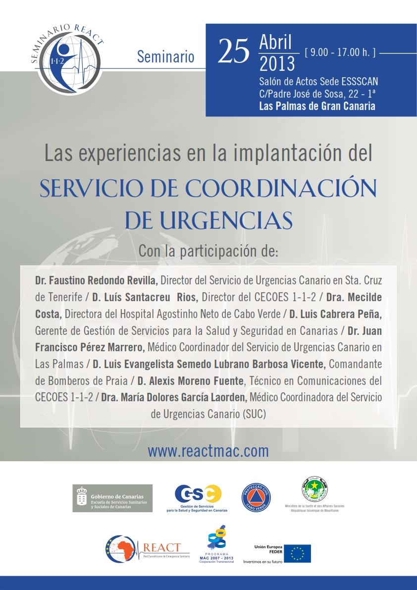 Seminario "Las experiencias en la implantación del Servicio de Coordinación de Urgencias", Islas Canarias (Programa). Proyecto REACT